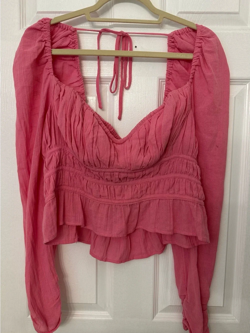 Free People Pink Cotton Gauze Smocked Peplum Crop Top‎ Long Sleeve Puff Sleeve